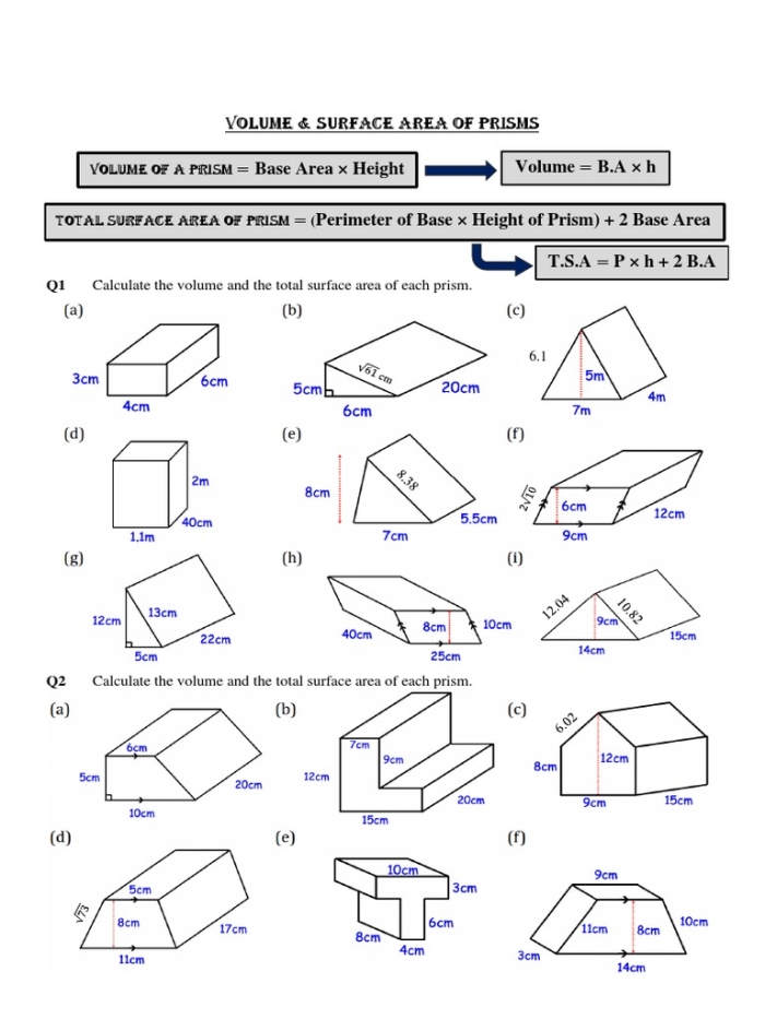 Detailed worksheet for calculating the surface area of prisms and pyramids for sixth graders