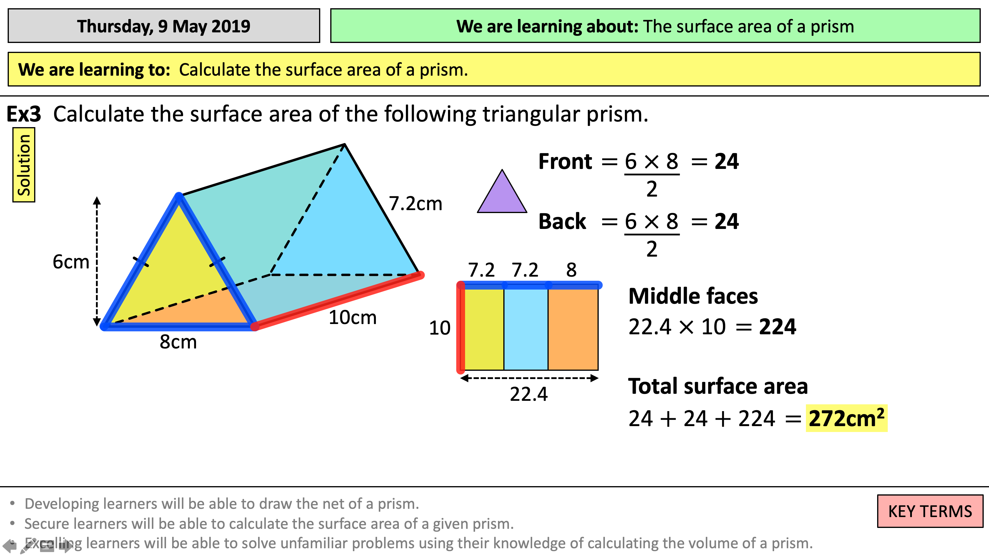 Students calculating the surface area of various rectangular and triangular prisms on a worksheet