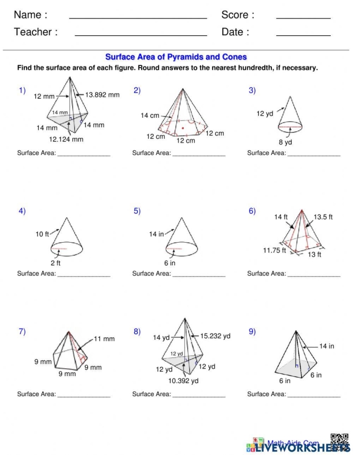 Worksheet featuring surface area calculations for square and triangular pyramids aimed at sixth-grade students