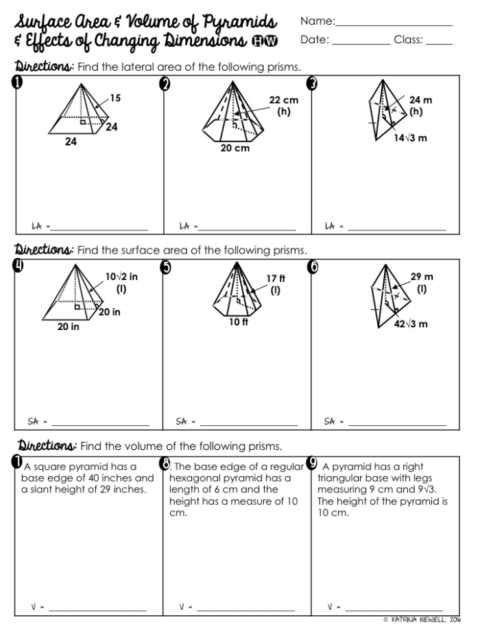 Worksheet featuring calculations for the surface area of various pyramids for sixth graders