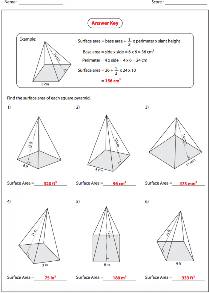Worksheet showing students calculating the surface area of various pyramids, including square and triangular shapes. Educational resource for sixth and seventh graders focused on geometry.