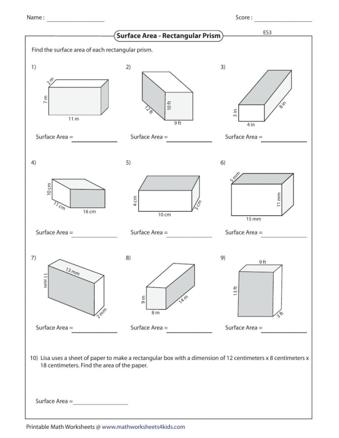 Finding the Surface Area of Rectangular Prisms Worksheet Five A sixth grade math worksheet showing students how to calculate the surface area of a rectangular prism
