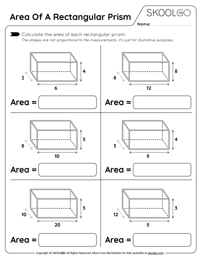 Calculating Surface Area of Rectangular Prisms Worksheet Number 10 Sixth grade math worksheet focused on calculating the surface area of a rectangular prism