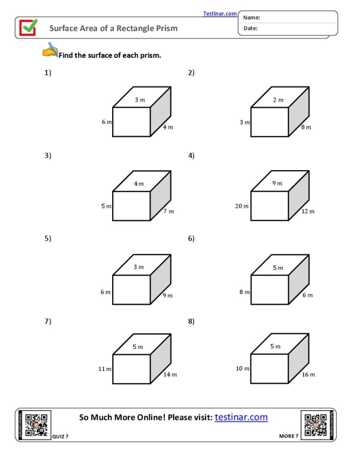 Calculating Surface Area of a Rectangular Prism Sixth Grade Geometry Practice Worksheet 1 Sixth grade math worksheet featuring a diagram to help students calculate the surface area of a rectangular prism
