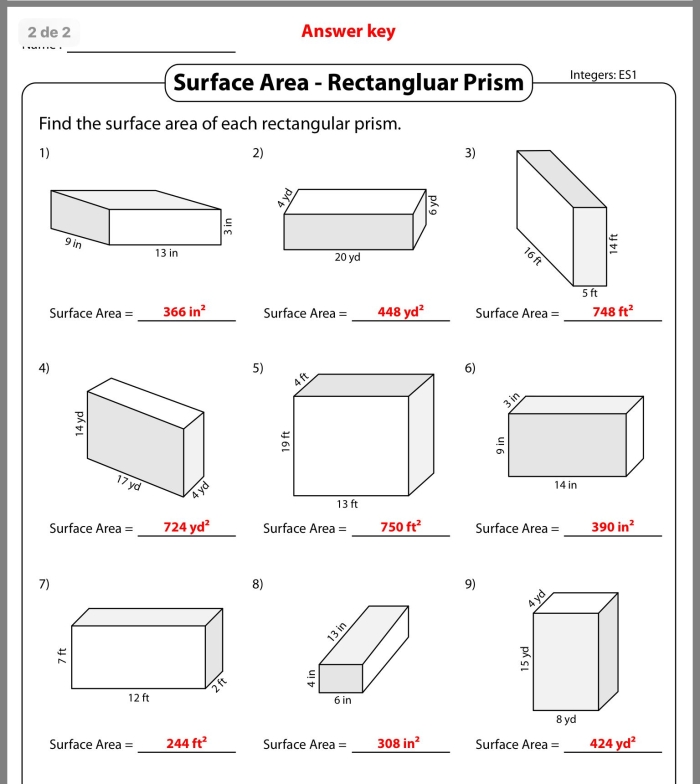 Practice exercise showing step-by-step instructions for calculating the total surface area of a rectangular prism shape Sixth grade student working through surface area calculations on a rectangular prism geometry worksheet