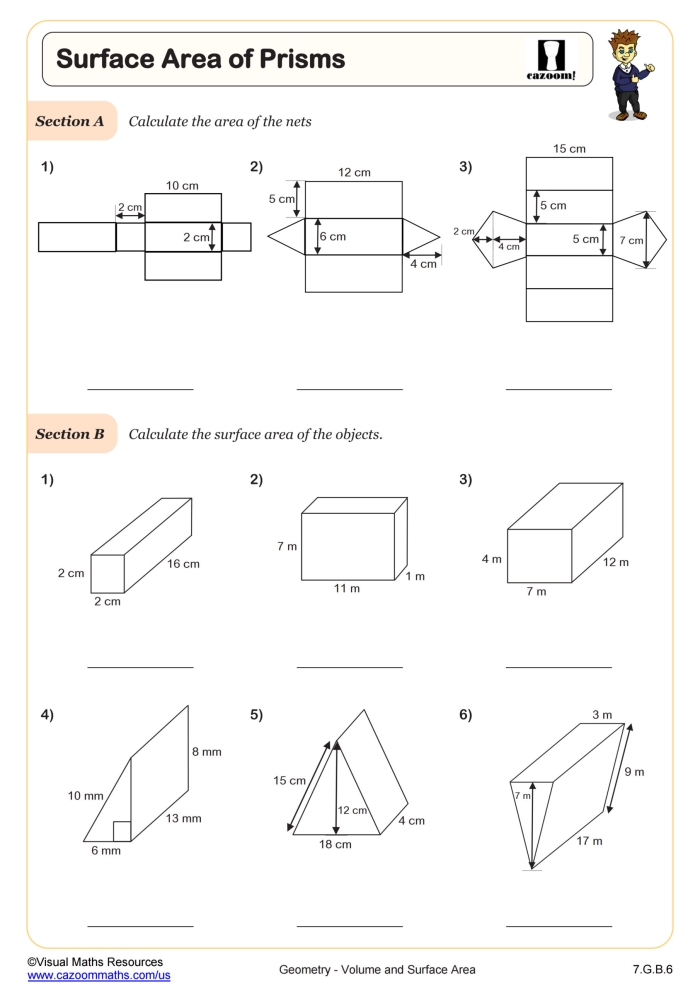 Surface area practice worksheet featuring prisms and pyramids for sixth graders
