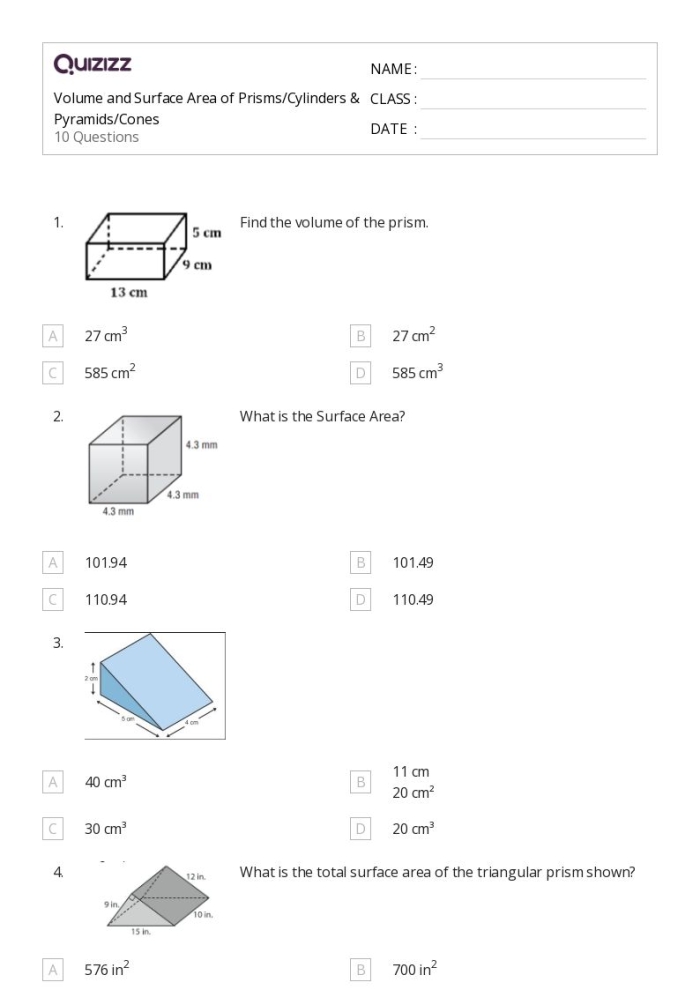 Sixth grade math worksheet for calculating the surface area of various prisms and pyramids