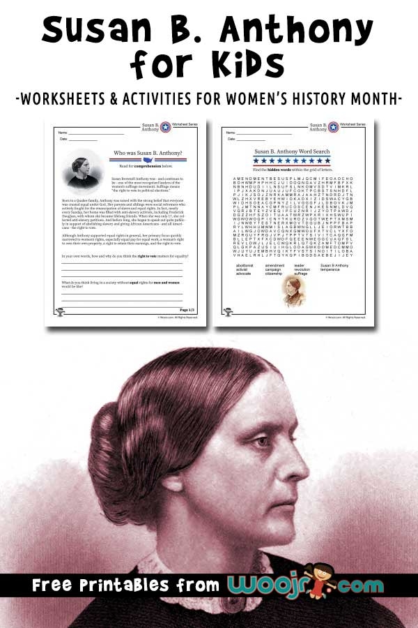 Susan B. Anthony: Grammar Lesson on Women's Rights and Historical Figures for Elementary Students Fourth grade grammar worksheet featuring Susan B. Anthony with sentence exercises about the women's suffrage movement and civil rights history