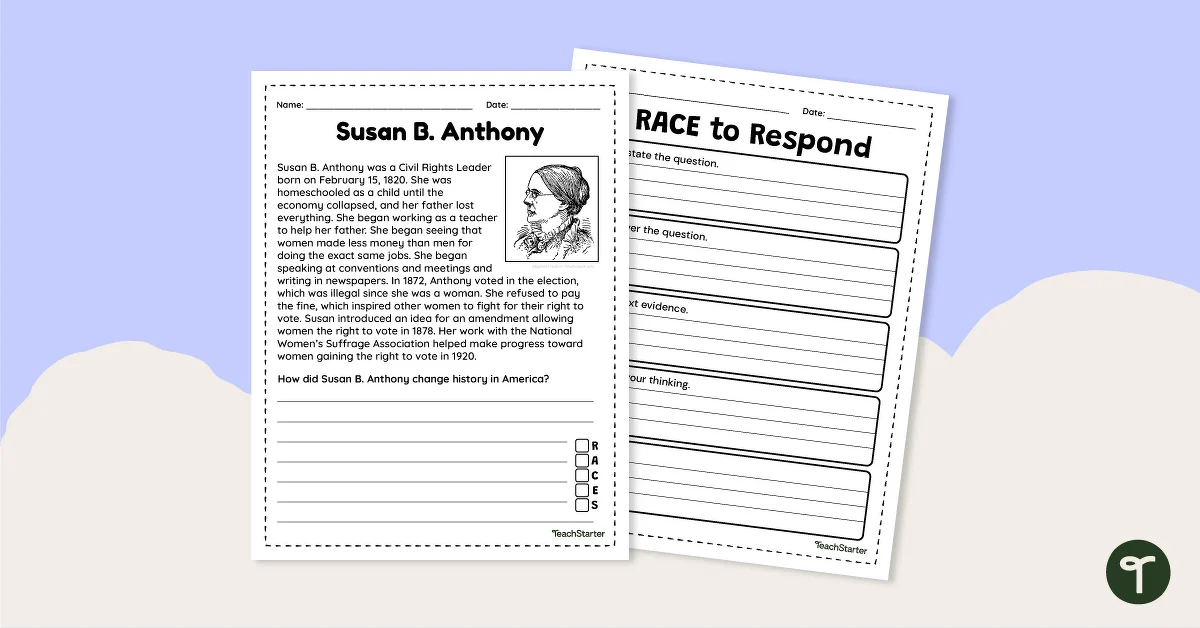 Historical Heroes Susan B. Anthony Grammar Worksheet 23 Fourth grade grammar worksheet featuring a biography and writing exercises about historical hero Susan B. Anthony