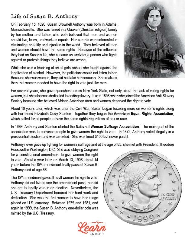 Historical Heroes: Susan B. Anthony - Civil Rights Pioneer Educational Material Image 15 Susan B. Anthony portrait showing the pioneering women's suffrage activist and civil rights advocate for a fourth grade grammar worksheet