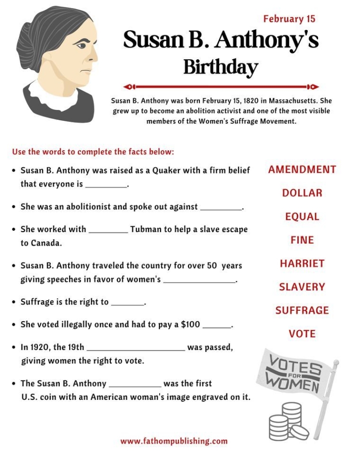 Historical Heroes Susan B. Anthony Worksheet 20 Fourth grade grammar worksheet featuring a biography of historical hero Susan B. Anthony