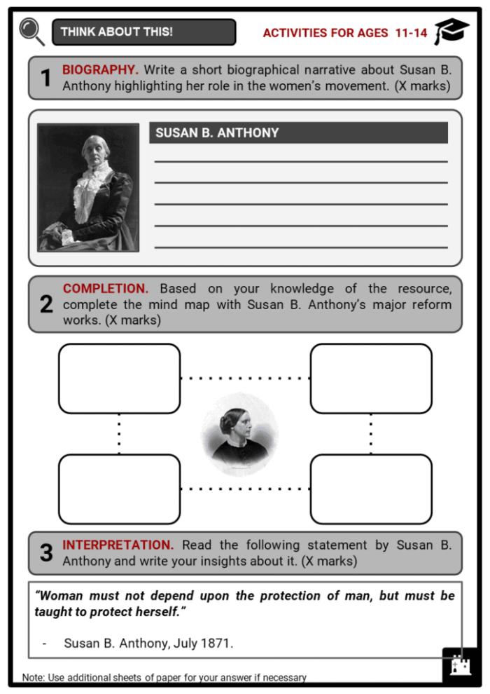 Susan B. Anthony Historical Heroes Worksheet for Fourth Grade Grammar and Mechanics Fourth grade worksheet featuring a reading passage and grammar exercises about historical figure Susan B. Anthony
