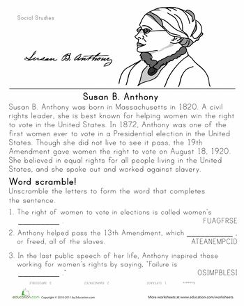 Historical Heroes Susan B Anthony Worksheet Number 12 Educational worksheet featuring a biography of Susan B. Anthony and grammar exercises for fourth graders