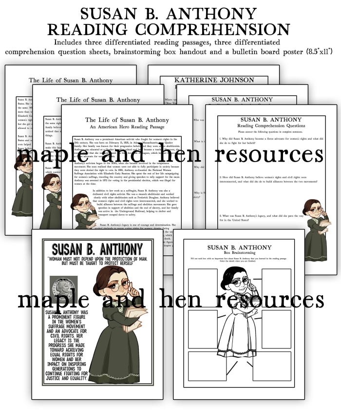 Historical Heroes Susan B Anthony Worksheet 13 Fourth grade grammar worksheet featuring a biography and reading comprehension exercises about historical hero Susan B. Anthony
