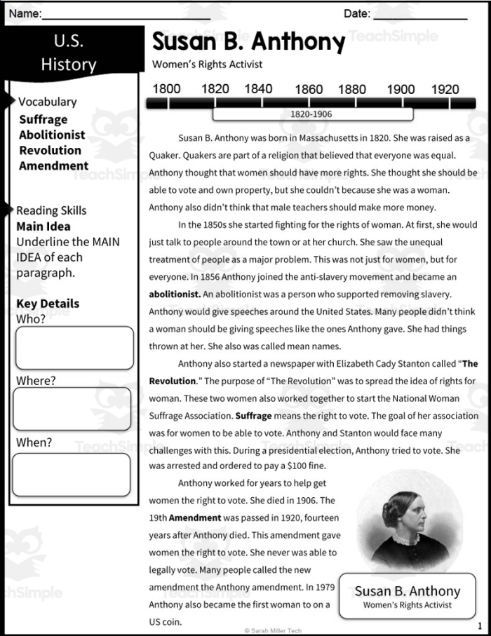 Susan B. Anthony Civil Rights Advocate Learning Activity for Elementary Students Fourth grade grammar worksheet featuring Susan B. Anthony with fill-in-the-blank sentences about the women's suffrage movement