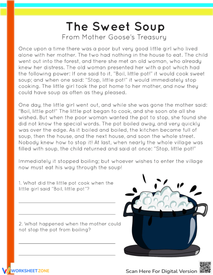 The Sweet Soup Phonics Worksheet Four Kindergarten phonics worksheet featuring a magical soup pot story and reading comprehension questions