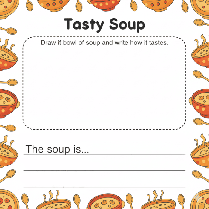 The Sweet Soup Worksheet 16: Magical Pot Story and Comprehension Activity A kindergarten phonics worksheet featuring a magical soup pot story with reading comprehension questions for early learners