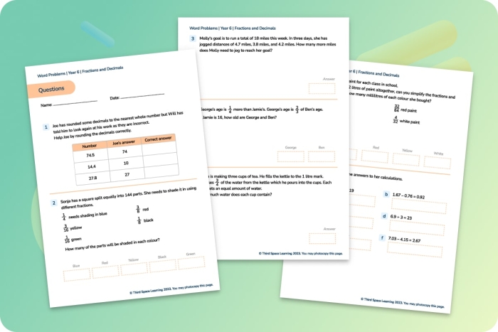 Sweet Sprouts Decimal Operations Word Problems Worksheet 23 Sixth grade students practicing decimal math skills on the Sweet Sprouts word problems worksheet