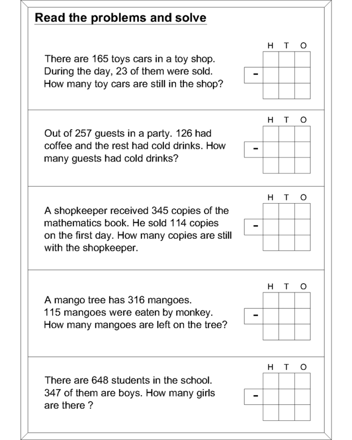 Fractions worksheet for Second Grade Sweet Subtraction Word Problems worksheet for second graders featuring five engaging subtraction challenges. A creative resource designed to enhance children's logic and math skills.
