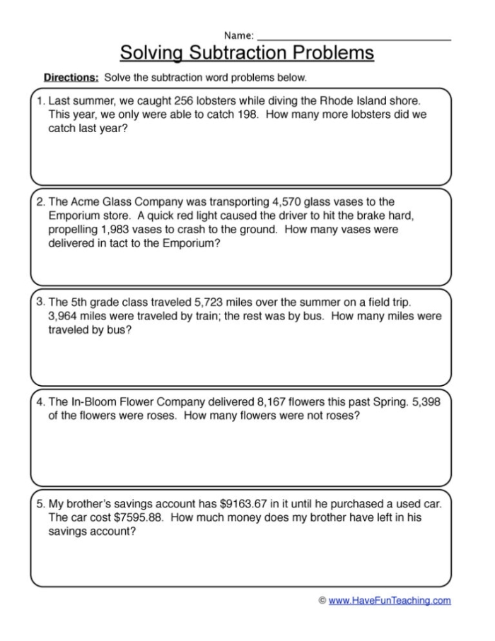 Fractions worksheet for Second Grade Sweet Subtraction Word Problems worksheet for second graders featuring five engaging subtraction challenges. Educational image illustrating a fun approach to practicing subtraction skills.