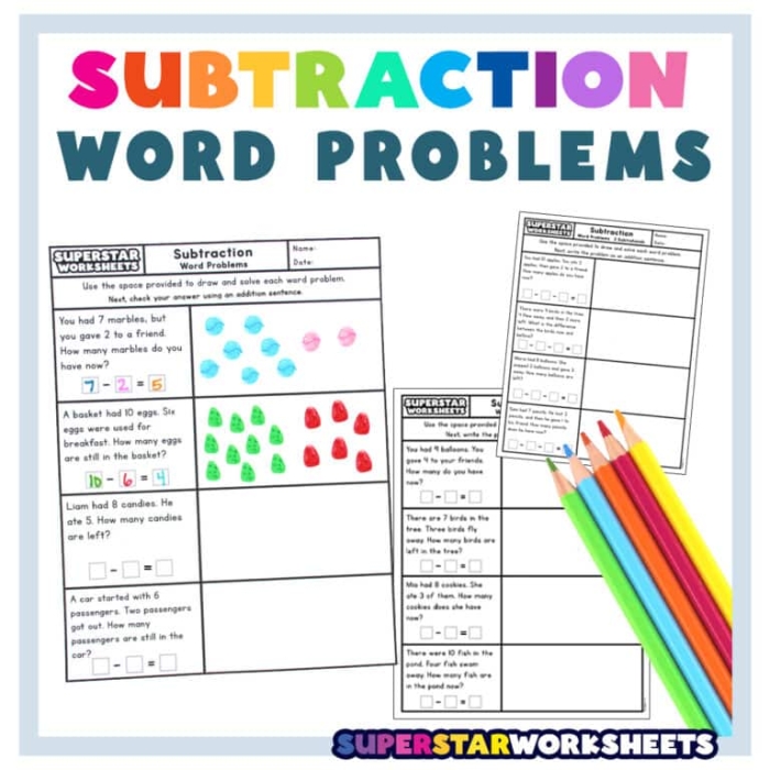 Fractions worksheet for Second Grade Children engaging with a Sweet Subtraction Word Problems worksheet focused on fractions. Educational image depicting second graders solving five subtraction-related challenges.