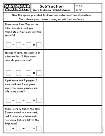 Fractions worksheet for Second Grade Second grade students engaged in solving subtraction word problems using a worksheet focused on fractions. Sweet Subtraction Word Problems worksheet for second graders to enhance their math skills.