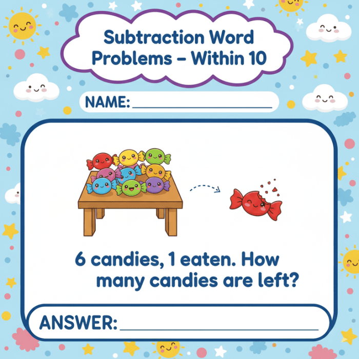 Engaging subtraction word problems to enhance math skills for young learners Sweet Subtraction Word Problems worksheet for second graders focusing on fractions