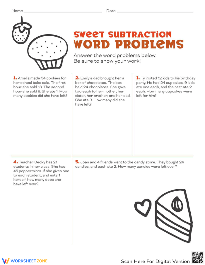 Sweet Subtraction Word Problems Worksheet for Grade 2 Colorful worksheet featuring subtraction word problems for second graders