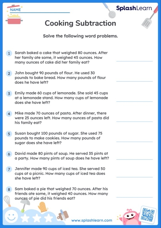 Fractions worksheet for Second Grade Colorful worksheet featuring subtraction word problems for second graders focusing on fractions. Engaging Sweet Subtraction Word Problems for young learners to enhance their math skills.