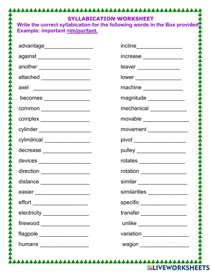Earth and Space Science Syllabication Evaluation Worksheet Number 7 Fifth grade student completing a syllabication evaluation worksheet focused on earth and space science terminology