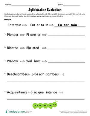 Syllabication Evaluation Worksheet 16 Multisyllabic Word Practice Fifth grade Earth and Space Science worksheet for testing syllable division accuracy on multisyllabic terms