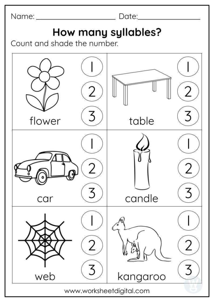 A first grade physical science worksheet for counting syllables with clapping illustrations