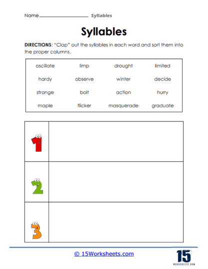 Counting Syllables Part II Geometry Worksheet 21 First grade student practicing phonics by counting syllables on a geometry themed worksheet