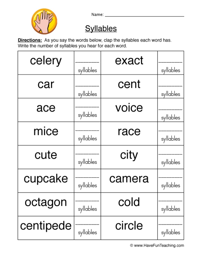 Syllable Practice Activity 24: Count and Organize Words by Syllable Patterns Third grade syllable counting worksheet with words to sort by syllable count into columns and arrange alphabetically