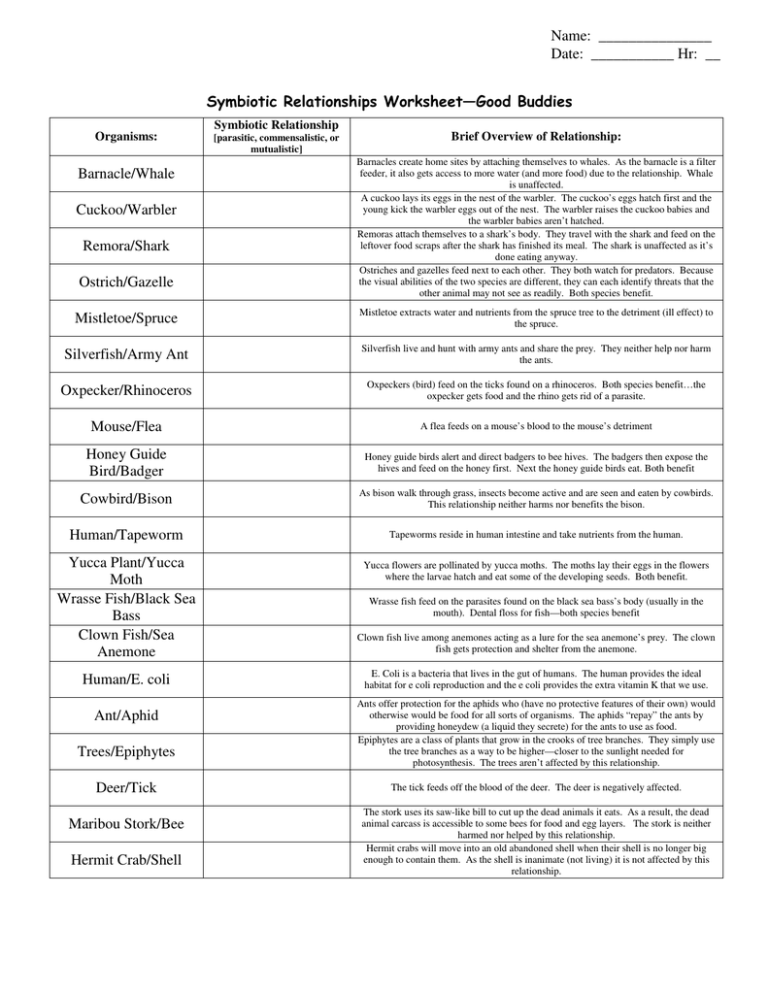 Sixth grade students learning about mutualism commensalism and parasitism examples in nature worksheet image 10