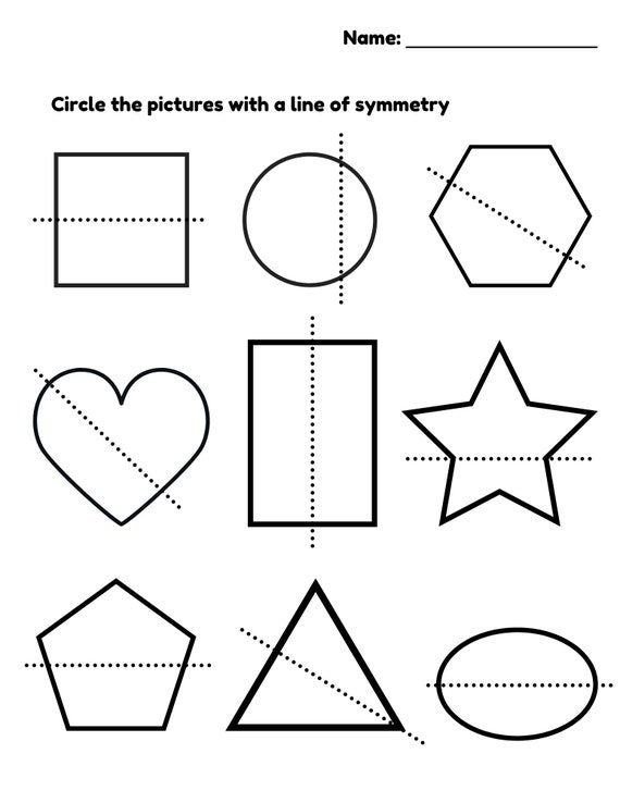 Symmetrical Shapes Worksheet for Fourth Graders Colorful worksheet featuring six shapes for kids to identify symmetry