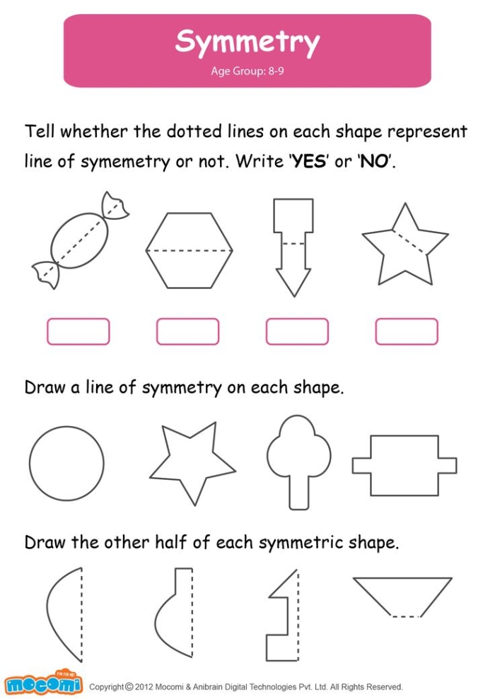 Symmetrical Shapes Worksheet for Fourth Graders Worksheet featuring various shapes for students to identify symmetry in their design