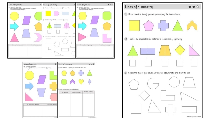 Fourth grade geometry worksheet featuring nine different shapes for students to draw a line of symmetry