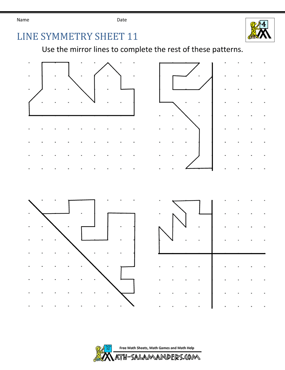 Worksheet featuring shapes for drawing lines of symmetry in a fourth-grade history lesson