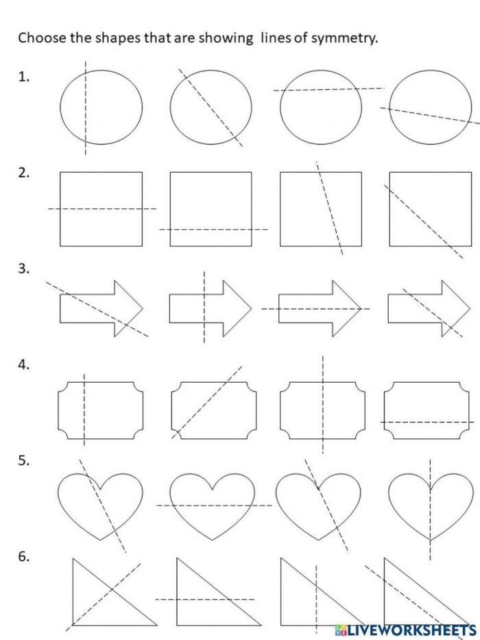 Worksheet featuring shapes for students to identify and draw lines of symmetry