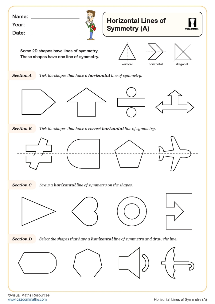 Fourth grade math worksheet featuring nine geometric shapes for students to draw a line of symmetry 15