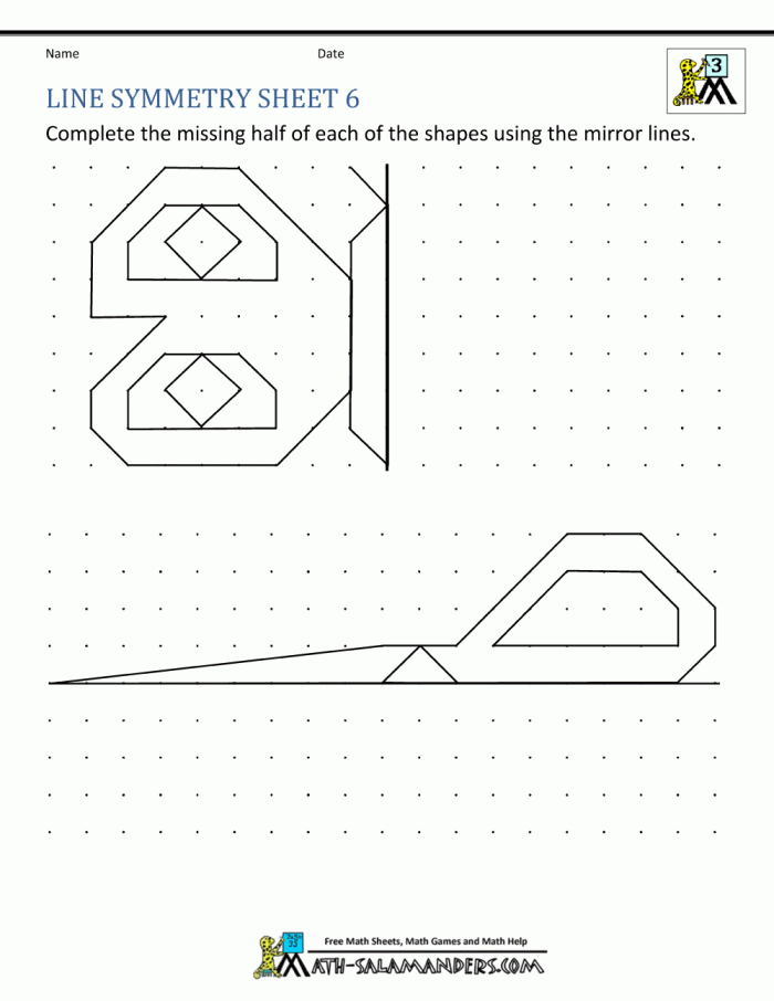 Fourth grade math worksheet featuring nine geometric shapes for students to draw a line of symmetry 18
