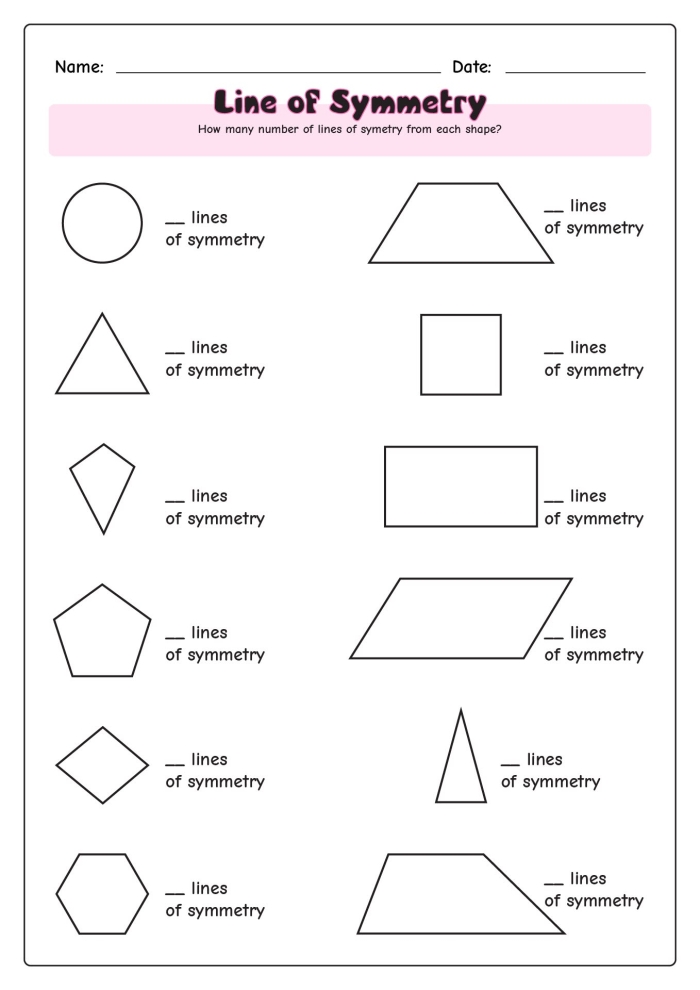 Worksheet featuring nine shapes for fourth graders to identify and draw lines of symmetry