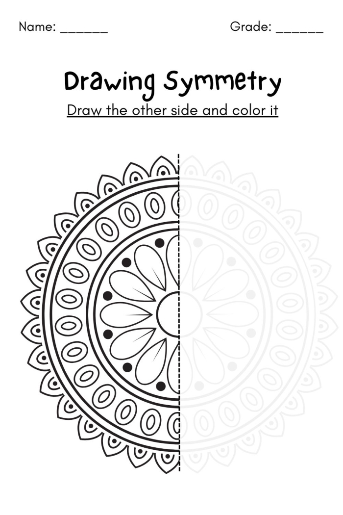 Learning Symmetry Owl Worksheet Image 8 Second grade student completing an owl drawing by finishing the symmetrical half on a grid