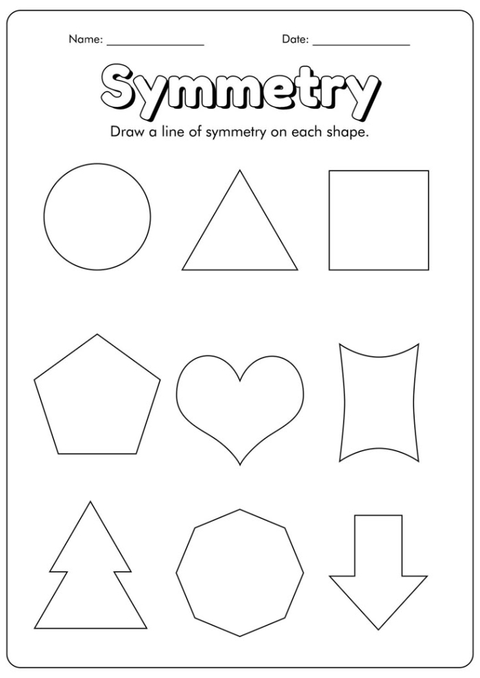 Shapes with Symmetry Math Worksheet Seventeen Third grade worksheet featuring various geometric shapes for students to identify lines of symmetry