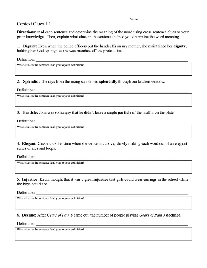 Worksheet for sixth graders on determining word meanings using synonyms in context