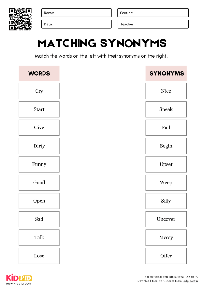 Synonym Match Activity 4 for Elementary Reading Practice Second grade synonym matching worksheet with word pairs for students to connect related words with similar meanings