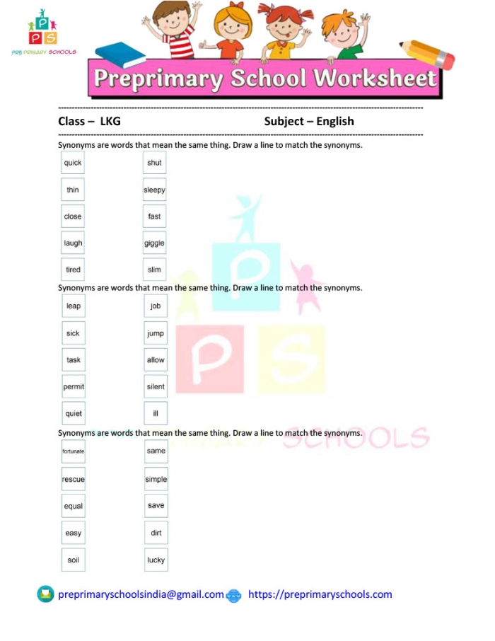 Colorful grammar worksheet featuring pairs of adjectives for synonym practice Kids engaging with a Synonym Word Match worksheet in a second-grade classroom