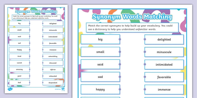 Engaging worksheet for practicing synonyms in phonics for Grade 2 Synonym Word Match worksheet for second graders focusing on adjective pairs
