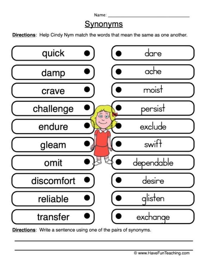 Second Grade Phonics Worksheet: Synonym Word Match Activity Children matching adjectives on a Synonym Word Match worksheet for second graders